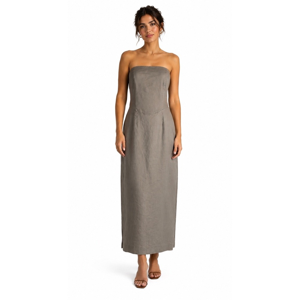 Anthropologie | Strapless Midi Dress Brown Taupe Smocked Back | XS